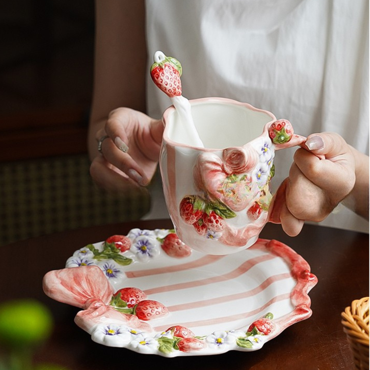 Berry Flower Ceramic Plate Mug With Spoon
